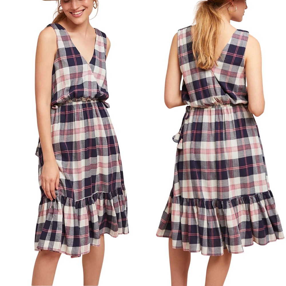 Anthropologie Isabella Sinclair Dickens Dress Plaid V-Neck Sleeveless Small